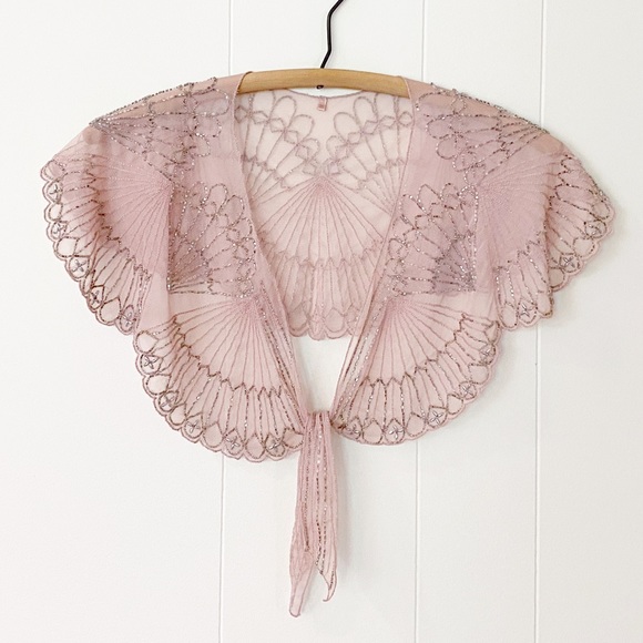 Retro Jackets & Blazers - Scalloped Capelet! Sheer Beaded Fan Tie Front Cape